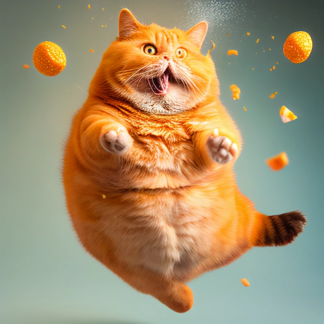 Fat orange cat eating orange cheetos